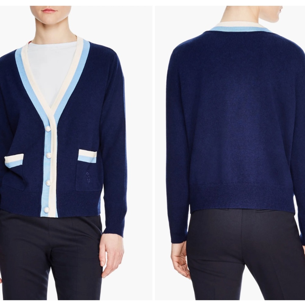 Sandro Paris Designer Clotilidr Marine Wool Cashmere Colorblock Cardigan - Picture 3 of 7